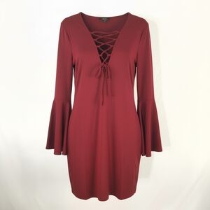 IRIS Lace Up Dress Plus Size 1X Burgundy Bell Sleeve Stretch Bodycon